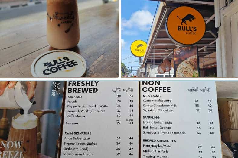 a collage of pictures from Bulls coffee shop in Sanur