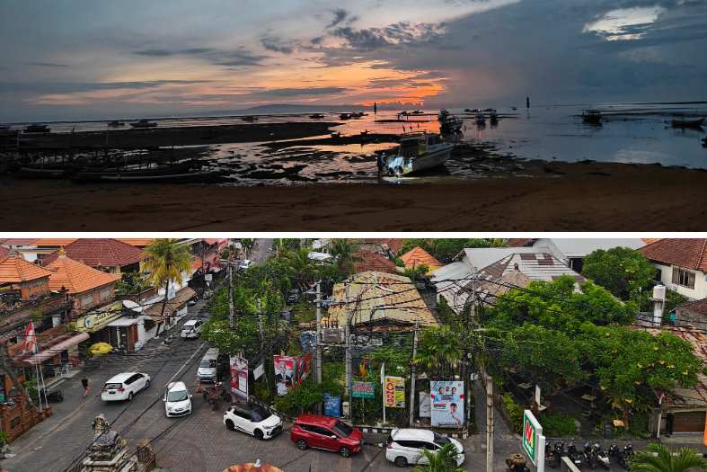 the nearby beach and shopping street near the Palm Garden Hotel in Sanur