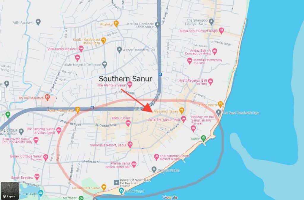 Map of the South Sanur