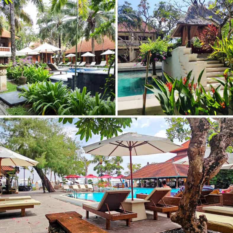 a collage of the 3 swimming pools at Griya Santrian