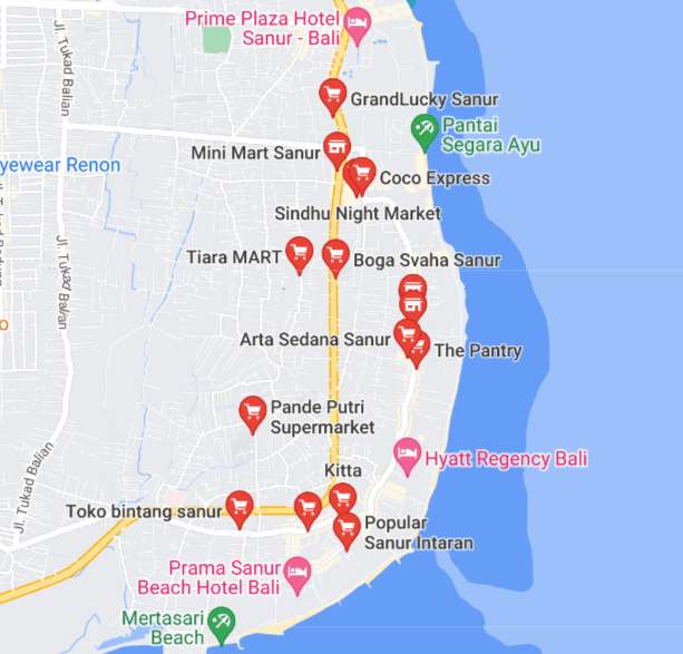 map of Sanur Supermarkets