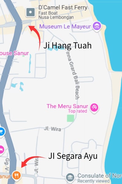 A map showing how to get to the beach in Sanur Bali Indonesia