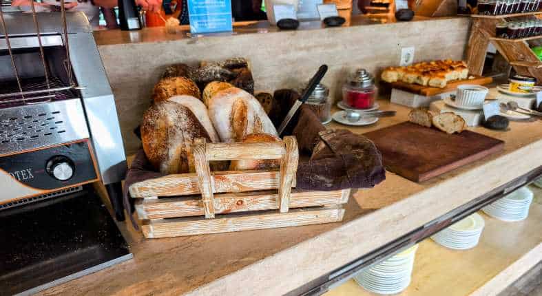 bread and pastry section of the buffet breakfast at Resort Watujimbar in Sanur Bali. You can do a walk in breakfasts in Sanur