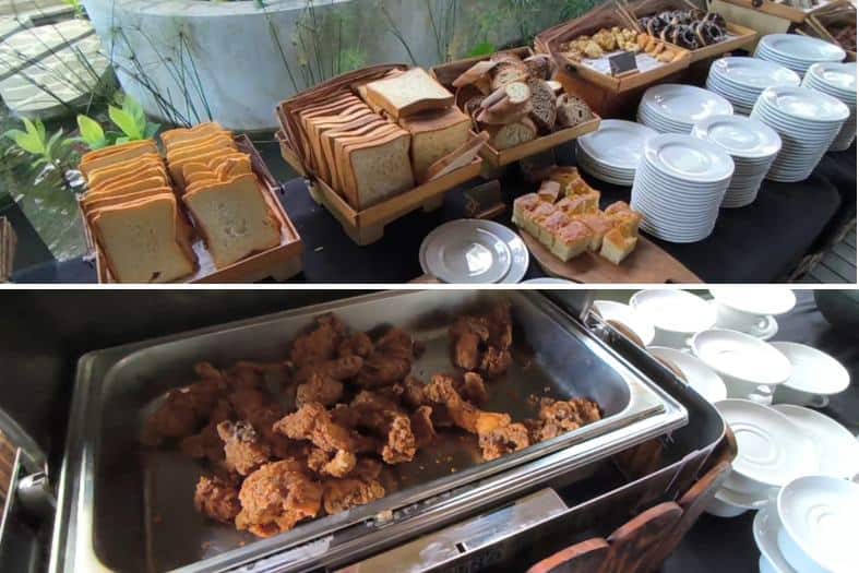 pictures of breads pastries and hot food at the segara village breakfast