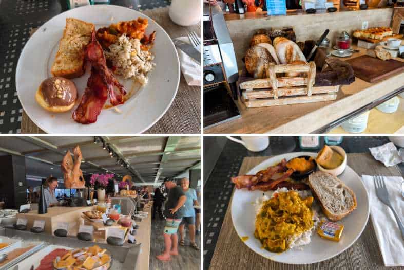 A collage of breakfast pictures from a walk in breakfast at Watujimbar Resort in Sanur