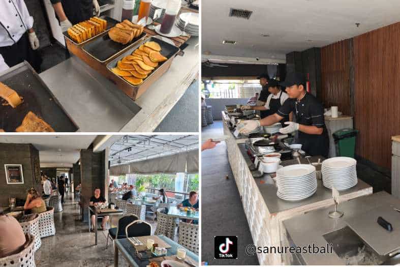 a collage of the egg station at Sanur resort watujimbar walk in breakfaast