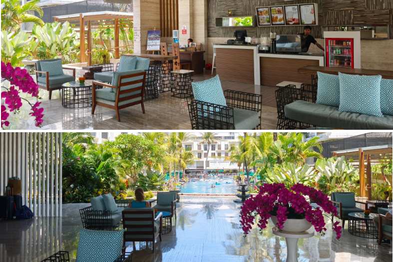 Tropical lobby with seating and pool at resort watujimbar in Sanur