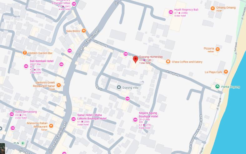a map with the location of the duyung homestay in Sanur