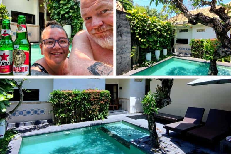 a collage of images featuring a pool at the duyung homestay in Sanur Bali