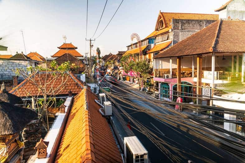 Houses, shops, villas and powerlines in Ubud Bali