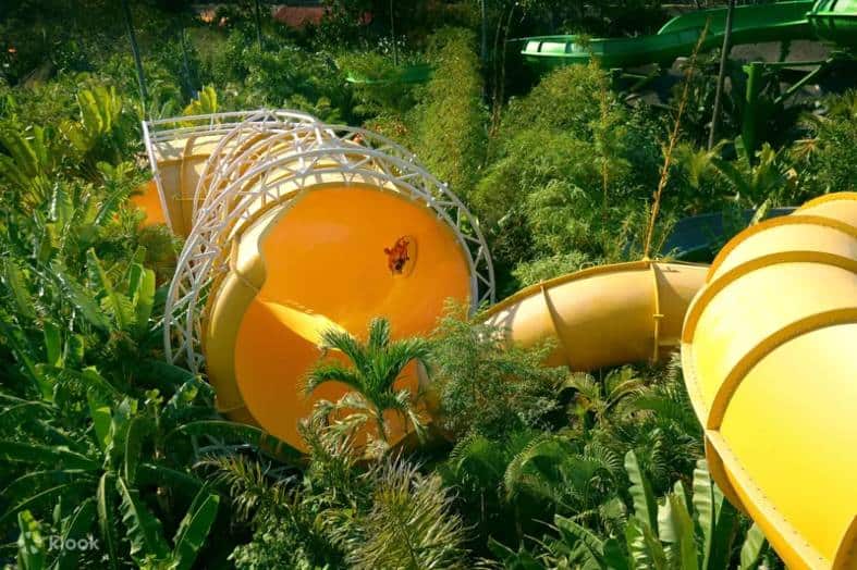 Thrilling water slides and joyful visitors enjoying the vibrant Waterbom Bali water park amidst lush tropical surroundings