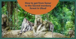 Monkeys sitting on a stautue at the monkey forest in Ubud