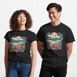 A couple wearing matching Sanur Bali inspired t-shirts