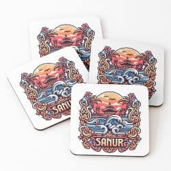 a set of caosters with a sanur design on it