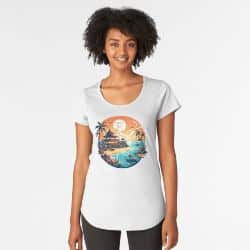 a female wearing a white t-shirt with a sanur print on it