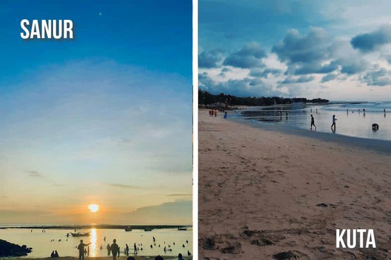 comparative view showcasing the distinct atmospheres of Sanur and Kuta in Bali, Indonesia