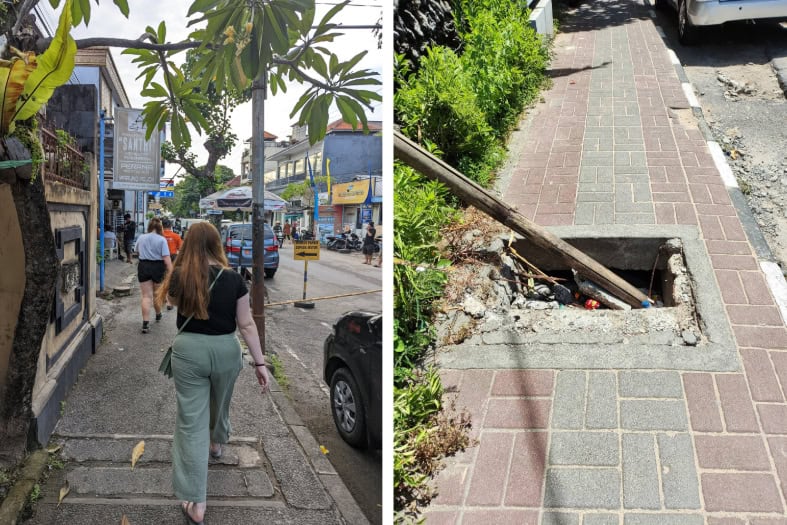 a teenage girl strolling along the sidewalk in Sanur.