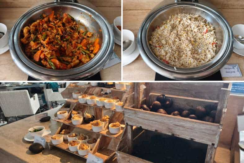 different hot dishes at the breakfast that is served at Resort watujimbar in sanur Bali